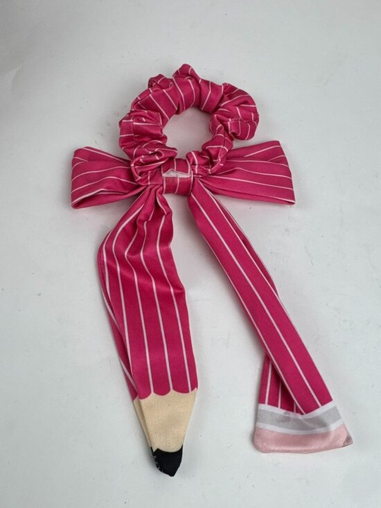 Accessories - Pink Pencil Hair Scrunchie with Bow Cute School Teacher Back to School Accessory